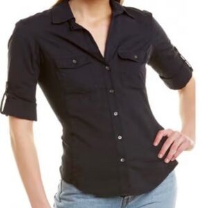 James Perse Standard Contrast-Panel Shirt Black Supima Cotton Size 2/M